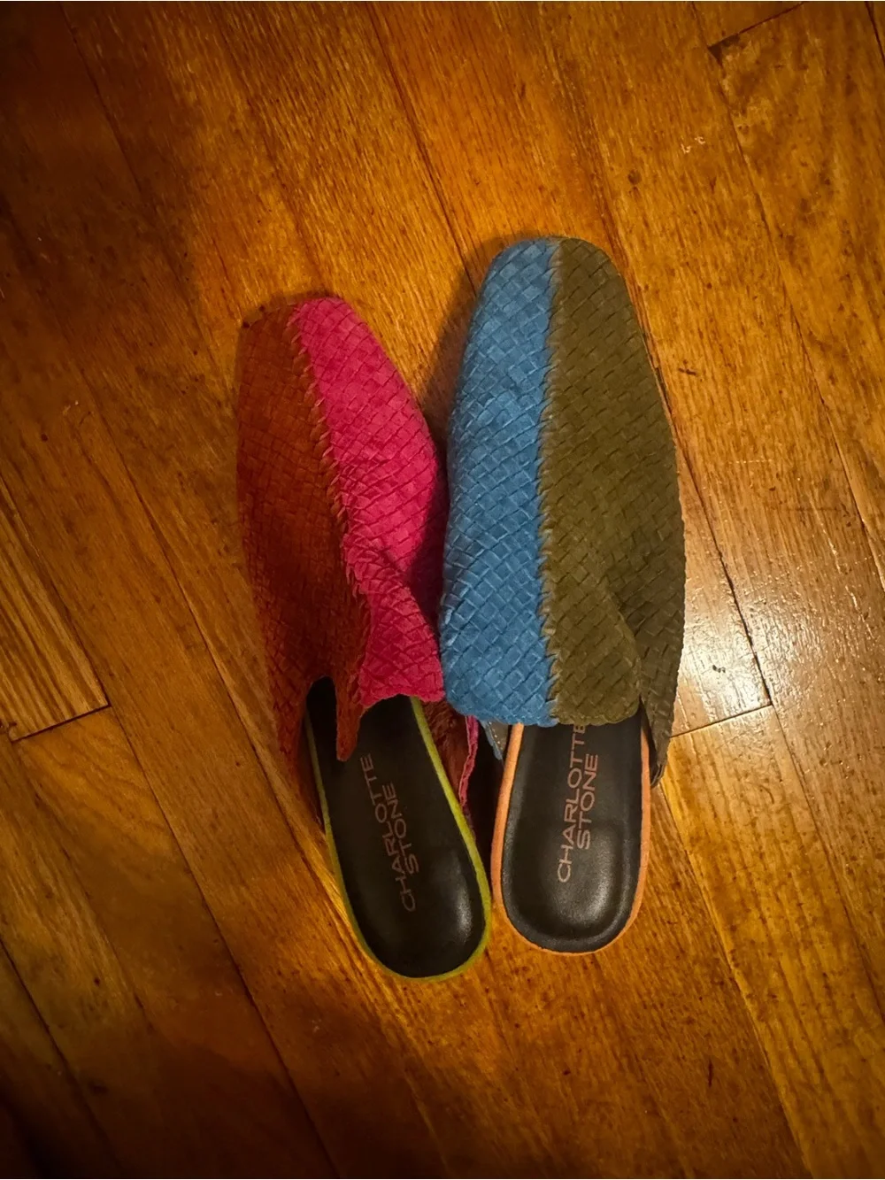 Charlotte Stone Two-Tone Woven Slip-On Mules in Pink and Blue-Green - Picture 1 of 4
